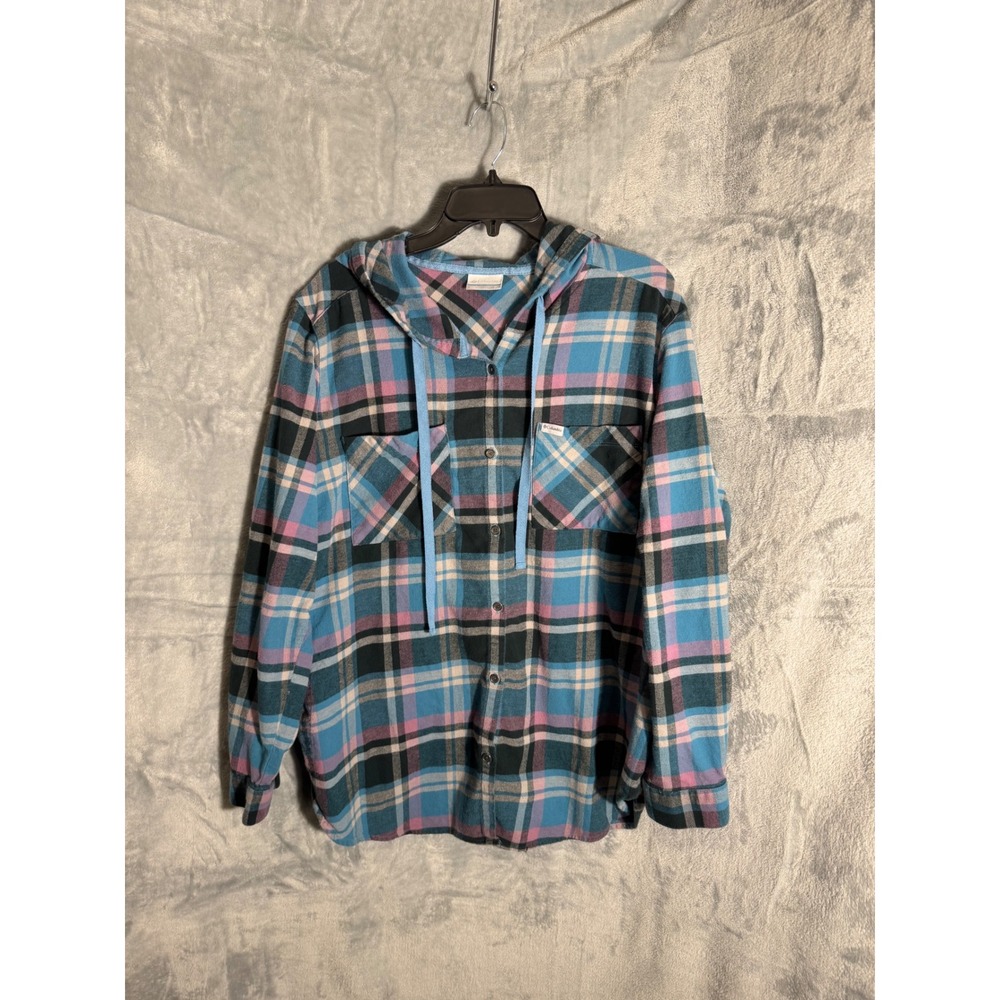 Columbia Womens 2X Hooded Flannel Shirt Blue Pink Plaid Roll Tab Sleeve Cotton